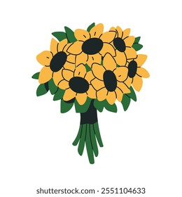 Ramo de girasol, manojo floral floreciente del verano. Paquete de flores de sol, múltiples brotes, hojas y subgrupos cortados. Flores de campo, regalo natural, decoración. Ilustración vectorial plana aislada sobre fondo blanco