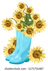 Sunflower bouquet in blue boots Vector. Summer endless concepts