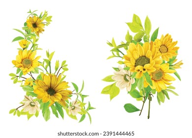 sunflower bouquet and branch ornament illustration