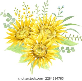 Sunflower bouquet painted by watercolor