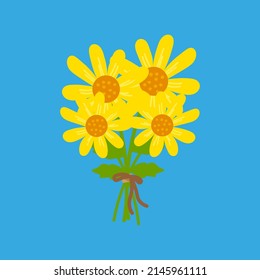 sunflower bouquet with string on blue background, vector illustration, hand drawn vintage style for cards, invitations, posters, collages, design elements, weddings and more