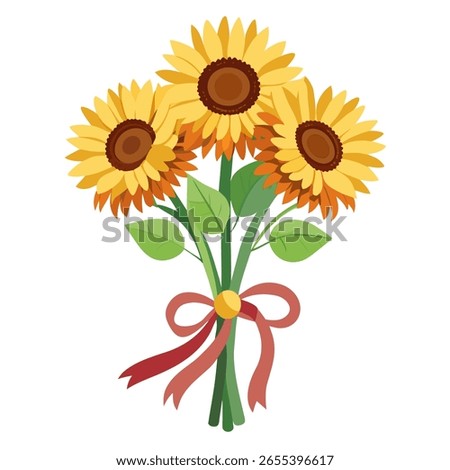 Sunflower Bouquet Tied with Rustic Ribbon on White Background – Floral Bunch Vector Illustration, Country Style Botanical Arrangement, Yellow Summer Flowers Clipart, EPS Graphic