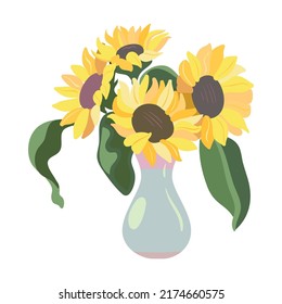 Sunflower bouquet in vase flat icon. Bunch of plants vector illustration. Rose, sunflowers, tulips and others. Decoration and nature