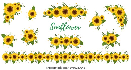 Sunflower bouquets stickers, collection of ten elements on white background. Vector illustration