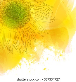 Sunflower. Bright Sunny yellow flower on watercolor background. Design for invitation cards, birthday, with love, save the date. The spring style. Vector illustration.