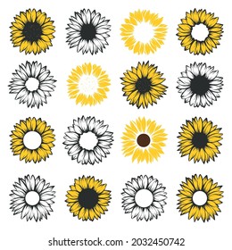 Sunflower bundle. Hand drawn Yellow flat flower isolated on white background. Inspirational, Motivational quote for decor, apparel print.