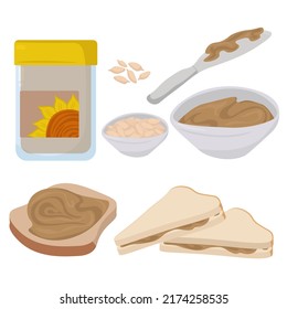 Sunflower butter set, cream filling, sunflower seeds and sandwich options vector illustration