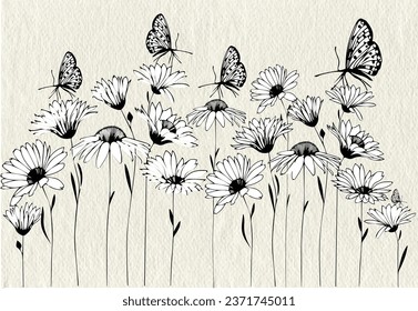 Sunflower and butterflies drawing vector with white background texture