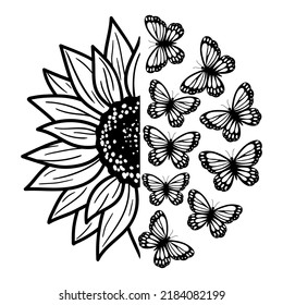 Sunflower and butterflies. Outline drawing. Line vector illustration.  Isolated on white background. Good for posters, t shirts, postcards.