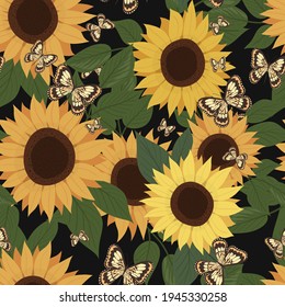 Sunflower and butterflies seamless pattern. Sunflower flower and leaves. Botanical element. Vector isolated pattern for design