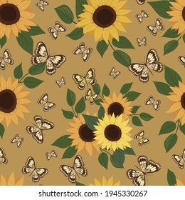 Patrón sin fisuras de girasol y mariposas. Flor de girasol y hojas. Elemento botánico. Patrón aislado de vectores para el diseño