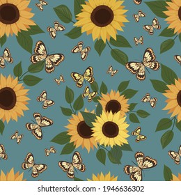 Sonnenblumen und Schmetterlinge nahtlos Muster. Sonnenblumen und Blätter. Botanisches Element. Vektor-isoliertes Muster für Design