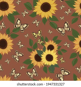 Patrón sin fisuras de girasol y mariposas. Flor de girasol y hojas. Elemento botánico. Patrón aislado de vectores para el diseño