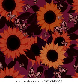 Sunflower and butterflies seamless pattern. Sunflower flower and leaves. Botanical element. Vector isolated pattern for design
