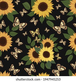 Sunflower and butterflies seamless pattern. Sunflower flower and leaves. Botanical element. Vector isolated pattern for design