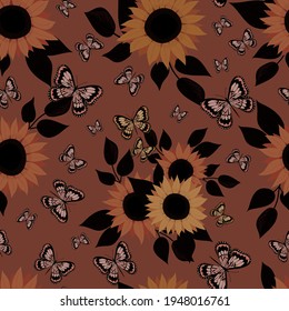 Sunflower and butterflies seamless pattern. Sunflower flower and leaves. Botanical element. Vector isolated pattern for design