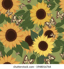 Sonnenblumen und Schmetterlinge nahtlos Muster. Sonnenblumen und Blätter. Botanisches Element. Vektor-isoliertes Muster für Design