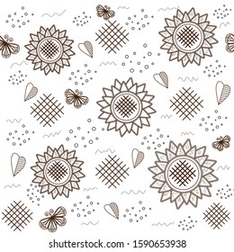 sunflower and butterfly outline brown, seamless pattern, white background, vector