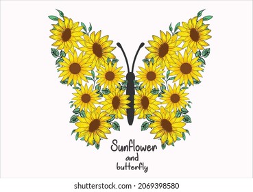 sunflower and butterfly vector art design hand drawn