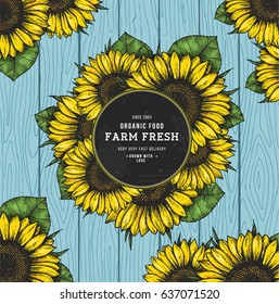 Sunflower card design template. Sunflower round composition. Vector illustration