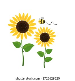 Sunflower and cartoon bee isolated on white background vector illustration.