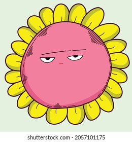 sunflower cartoon with bored expression