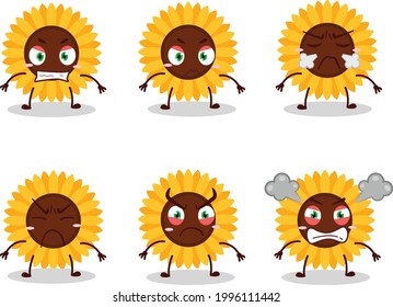 Sunflower cartoon character with various angry expressions. Vector illustration