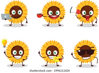 Sunflower cartoon character with various types of business emoticons. Vector illustration