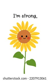 Sunflower cartoon with cute face and hand written font isolated on white background vector illustration.