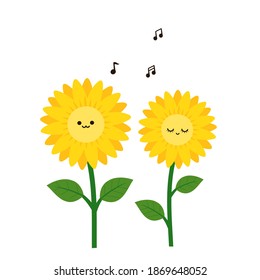 Sunflower cartoon with cute face and music notes  isolated on white background vector illustration. Funny cartoon character.