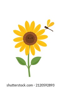 Sunflower cartoon and dragonfly isolated on white background vector illustration.