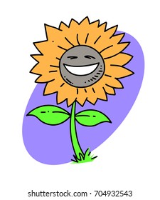 Sunflower cartoon hand drawn image. Original colorful artwork, comic childish style drawing.