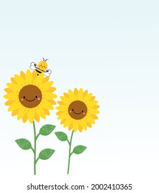 Sunflower cartoons with cute bee on blue background vector illustration.