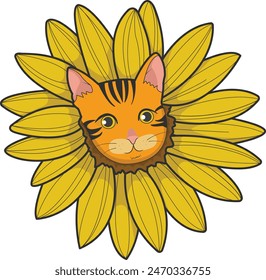 Sunflower Cat Vector Cute Illustration