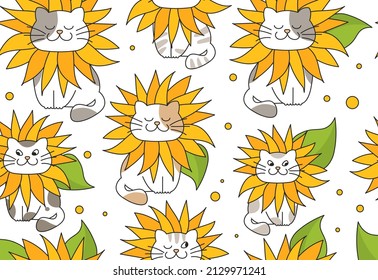 Patrón sin fisuras de girasol y gatos. Afiche colorido con gatitos lindos y sonrientes y flores amarillas. Elemento de diseño para envasado e impresión en tela o papel. Dibujo vectorial plano de dibujos animados