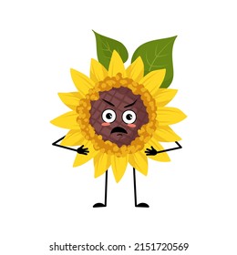 Sunflower character with angry emotions, grumpy face, furious eyes, arms and legs. Plant person with irritated expression, yellow sun flower emoticon. Vector flat illustration
