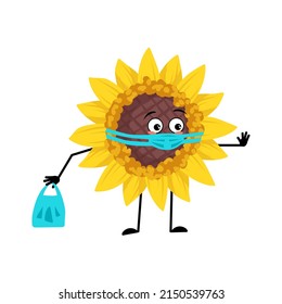 Sunflower character with face in medical mask and keep distance, hands with shopping bag and stop gesture. Plant person with care expression, yellow sun flower emoticon. Vector flat illustration