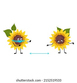 Sunflower character with face in medical mask keep distance, arms and legs. Plant person with care expression, yellow sun flower emoticon. Vector flat illustration