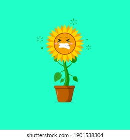 Sunflower character feeling stressed isolated on a green background. Sunflower character emoticon illustration