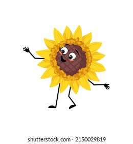 Sunflower character with happy emotion, joyful face, smile eyes, arms and legs. Plant person with funny expression, yellow sun flower emoticon. Vector flat illustration
