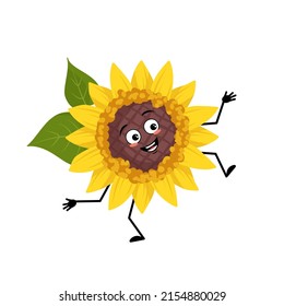 Sunflower character with happy emotion, joyful face, smile eyes, arms and legs. Plant person with funny expression, yellow sun flower emoticon. Vector flat illustration
