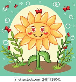 Sunflower character with happy emotion, joyful face, smile eyes. Plant person with funny expression, yellow sun flower emoticon. Cartoon flat vector illustration. Children's illustration.