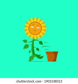 Sunflower character jumping from the pot isolated on a green background. Sunflower character emoticon illustration