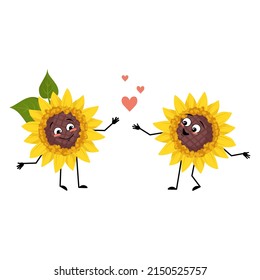 Sunflower character with love emotions, smile face, arms and legs. Plant person with happy expression, yellow sun flower emoticon. Vector flat illustration