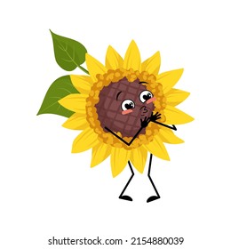 Sunflower character with love emotions, smile face, arms and legs. Plant person with happy expression, yellow sun flower emoticon. Vector flat illustration