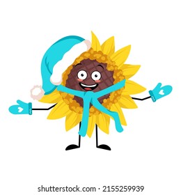 Sunflower character in Santa hat with happy emotion, joyful face, smile eyes, arms and legs. Plant person with expression, yellow sun flower emoticon. Vector flat illustration