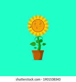 Sunflower character whistling isolated on a green background. Sunflower character emoticon illustration