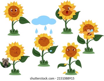 Sunflower characters set, collection cute cartoon style icon (smiling, scared, tired, hugging, eating, showering), illustration for nature design.