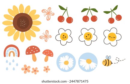 Sunflower, cherry fruit with green leaves, butterfly, rainbow, mushroom, daisy flower and bee cartoon icon sign isolated on white background vector. Cute childish print.