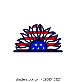 Sunflower color of american flag. Vector illustration. Split monogram. 4th of july, Independence day. Tamplate for t shirt print design, greeting card, sticker. Hand drawing flower. Stars and stripes